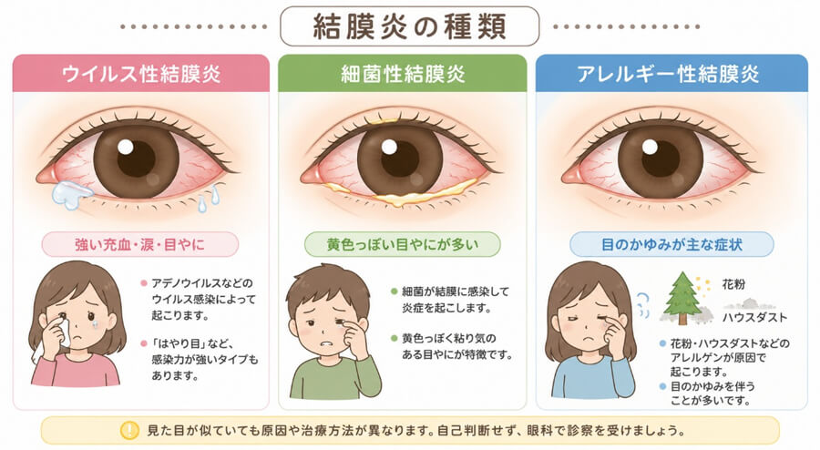 結膜炎の種類：ウイルス性結膜炎、細菌性結膜炎、アレルギー性結膜炎