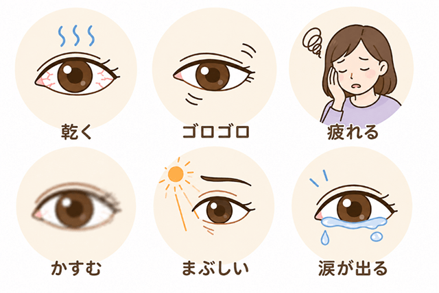 乾く・ゴロゴロ・疲れる・かすむ・まぶしい・涙が出る