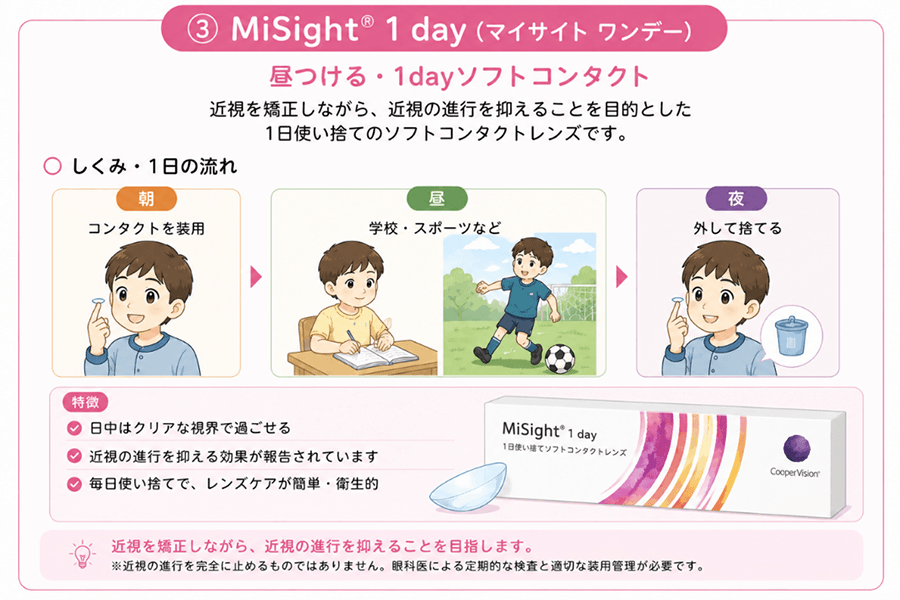 近視を矯正しながら、近視の進行を抑えることを目的とした1日使い捨てのソフトコンタクトレンズです。