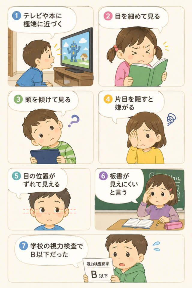1.テレビや本に極端に近づく。2.目を細めてみる。3.頭を傾けて見る。4.片目を隠すと嫌がる。5.目の位置がずれて見える。6.板書が見えにくいと言う。7.学校の視力検査でB以下だった。