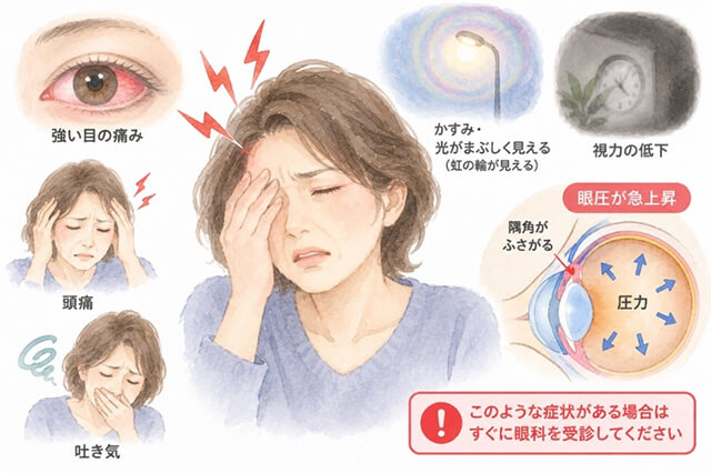 このような症状がある場合はすぐに眼科を受診してください。強い目の痛み・頭痛・吐き気・かすみ・光がまぶしく見える・視力の低下・眼圧が急上昇。