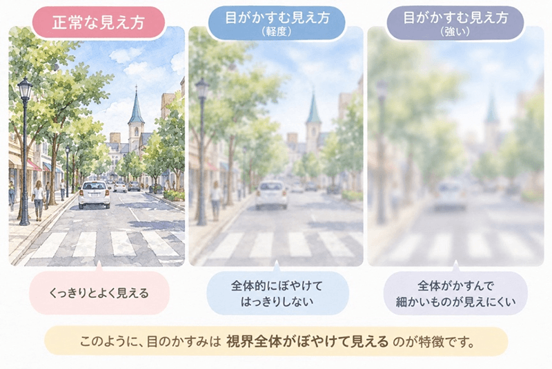 目のかすみは視界全体がぼやけて見えるのが特徴です。