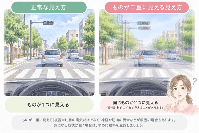 ものが二重に見える（複視）は、目の病気だけでなく、神経や筋肉の異常などが原因の場合もあります。気になる症状が続く場合は、早めに眼科を受診しましょう。