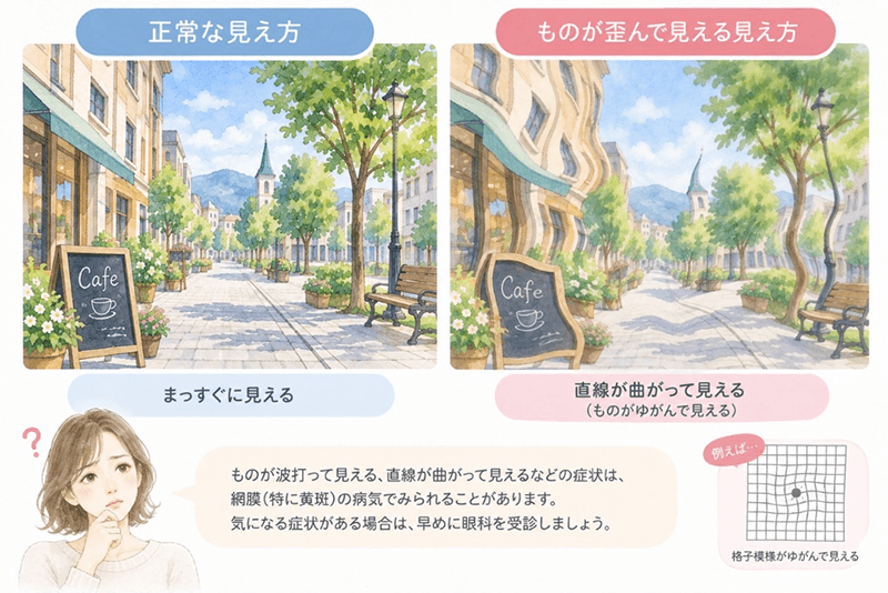 ものが波打って見える、直線が曲がって見えるなどの症状は、網膜（特に黄斑）の病気でみられることがあります。気になる症状がある場合は、早めに眼科を受診しましょう。