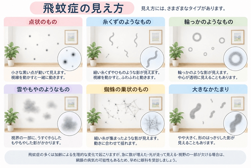 飛蚊症の見え方には、さまざまなタイプがあります。