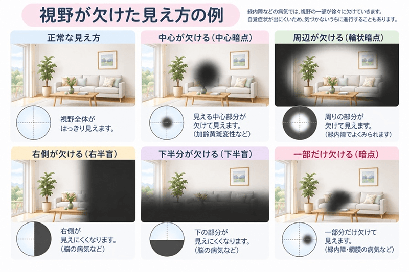 緑内障などの病気では、視野の一部が徐々に欠けていきます。自覚症状が出にくいため、気づかないうちに進行することもあります。